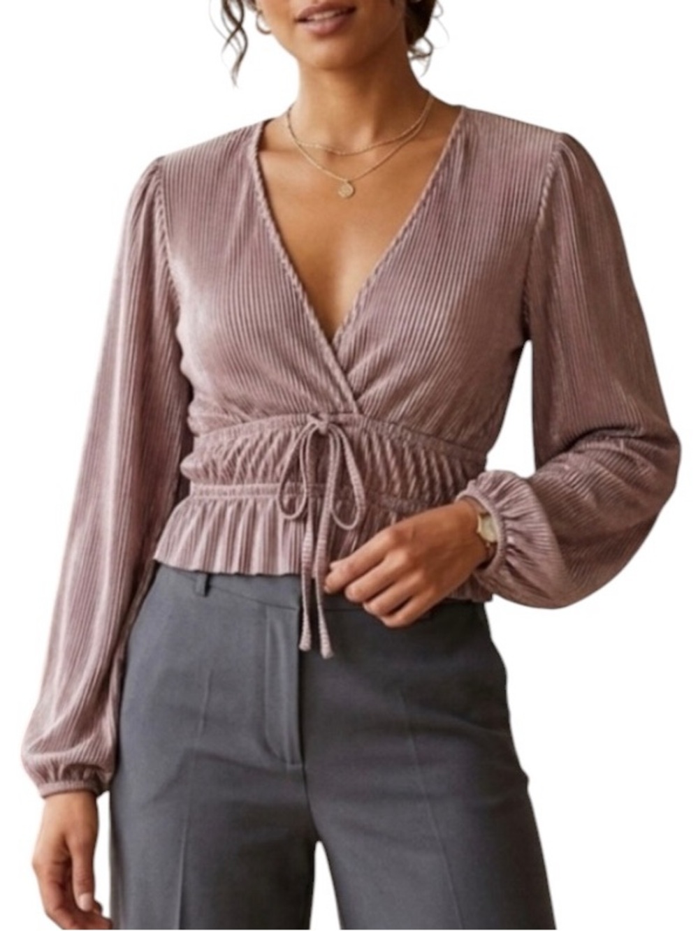 ZARA Mauve Pleated V-Neck Wrap Blouse Drawstring Waist Long Sleeve Size Small